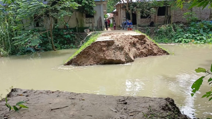 তালপাতিলা বেড়িবাঁধ ভেঙে লোকালয়ে ঢুকছে পানি