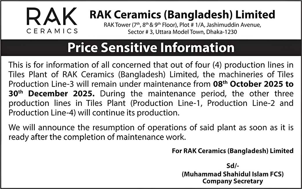 Price Sensitive Information of RAK Ceramics (Bangladesh) Limited